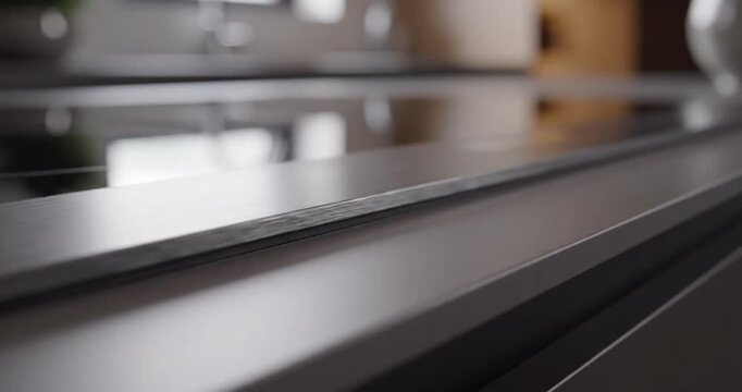 Close-up of a sleek kitchen countertop showcasing modern design with soft lighting