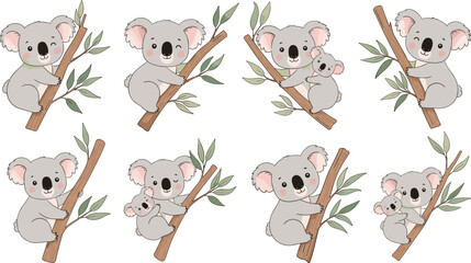 PrintAdorable Koala Bears with Baby Koala in Different Poses and Eucalyptus Leaves for Kids' Illustrations and Animal Design © Rashidul