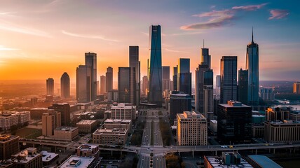 Fototapeta premium Panoramic view of a modern city skyline at sunset with towering skyscrapers and a warm golden sky showcasing urban development and metropolitan architecture