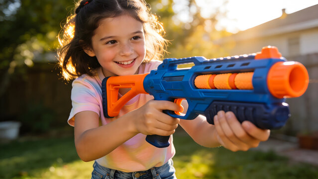 Smiling Girl Child Holding Nerf Toy Gun in the Park, Pointing Foam Blaster, Kids Outdoor Game, Fun Childhood Activity