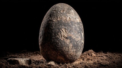 Textured Dark Egg Standing on Earth in Dramatic Lighting Against Black Background