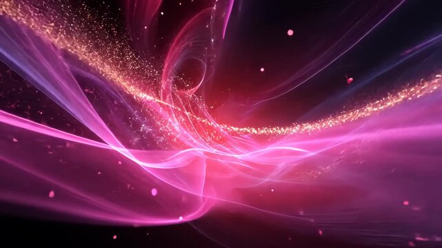 Abstract swirling pink and purple light streams with golden speckles against a dark background