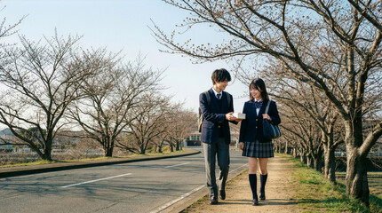 Fototapeta premium 下校時にホワイトデープレゼントを女子高生に渡す男子高生