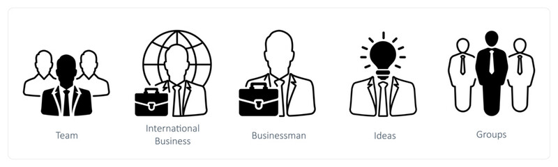 A set of 5 mix icons as team, international business, businessman in black color