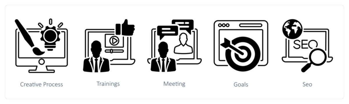 A set of 5 mix icons as creative process, trainings, meeting in black color