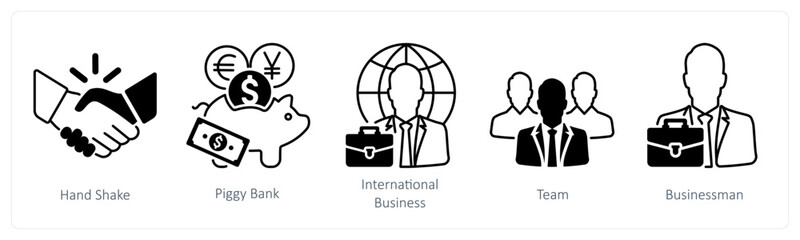 A set of 5 mix icons as handshake, piggy bank, international business in black color