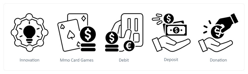 A set of 5 mix icons as innovation, mmo card games, debit in black color