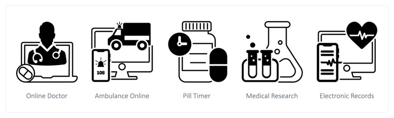 A set of 5 mix icons as online doctor, ambulance online, pill timer in black color © popcornarts