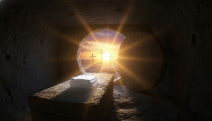 Obraz premium Easter, Empty tomb, Resurrection, Jesus Christ, Calvary, Crosses, Sunrise view from within a burial cave showing folded linen shroud and divine light rays on a holy morning.
