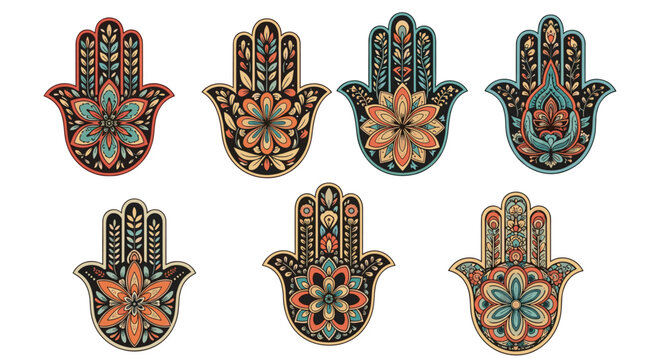 Set of colorful hamsa hand symbols decorated with intricate ethnic patterns and floral motifs for spiritual art.