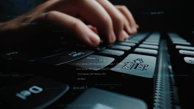 Close-up image of hands actively typing on a sleek computer keyboard, surrounded by digital code elements, representing modern programming and technology themes. Xenic