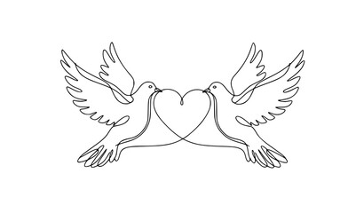 Obraz premium Two flying doves continuous line art forming heart symbol elegant love peace vector