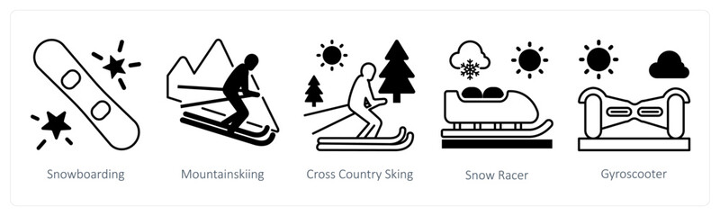 A set of 5 mix icons as snowborading, mountainskiing, cross country sking in black color