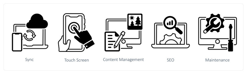 Obraz premium A set of 5 mix icons as sync, touch screen, content management in black color