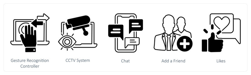 A set of 5 mix icons as gesture recognition controller, cctv system in black color © popcornarts
