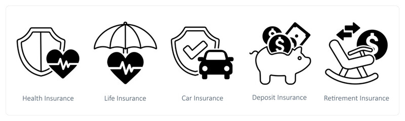 Fototapeta premium A set of 5 mix icons as health insurance, life insurance, car insurance in black color