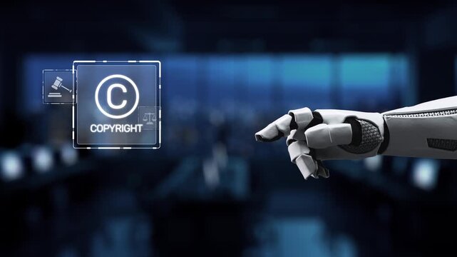 A robotic hand engages with a series of digital copyright icons in a sleek office setting, representing the intersection of technology and intellectual property. Synapse