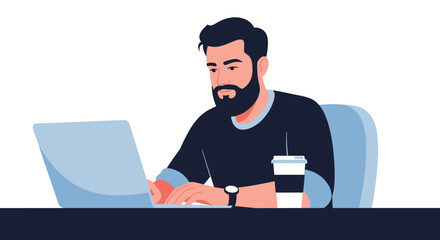 Bearded young man sitting at a desk and working intensely on his laptop with a cup of coffee nearby in a minimalist white space.