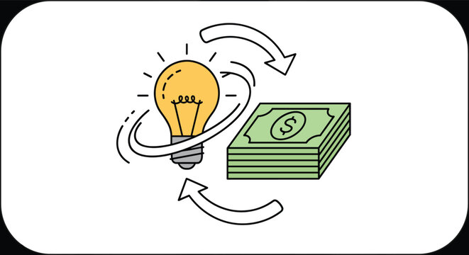 Business concept illustration showing a lightbulb and a stack of money with arrows representing the exchange of ideas for profit.