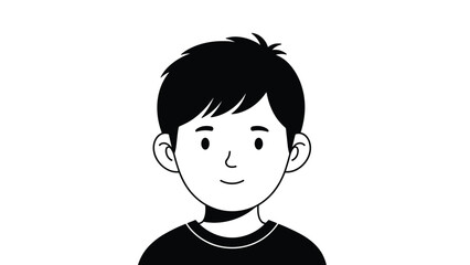 Obraz premium Simple black and white line art illustration depicts the smiling face of a young boy with dark hair and a t-shirt.
