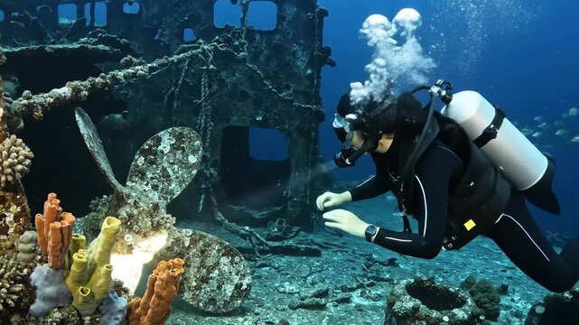 Scuba diver explores sunken shipwreck with coral reef and marine life