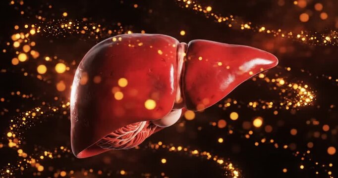 3D rendering of a human liver surrounded by glowing particles on a dark background