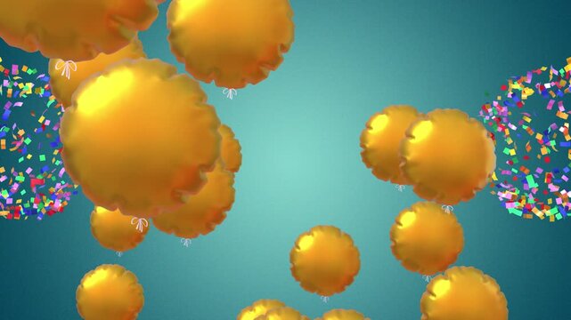 Happy birthday congratulation video, golden balloons flying up and confetti falling down. Anniversary celebration animation