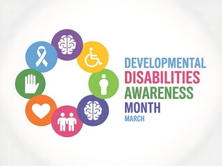 Obraz premium Colorful circles with icons representing developmental disabilities awareness month in March, emphasizing support, inclusion, and community care