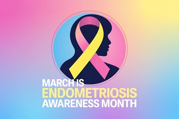 Silhouette profile of woman with endometriosis awareness ribbon in pink and yellow, promoting March awareness for chronic pelvic pain condition