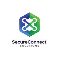 A geometric logo comprised of blue, green, and white