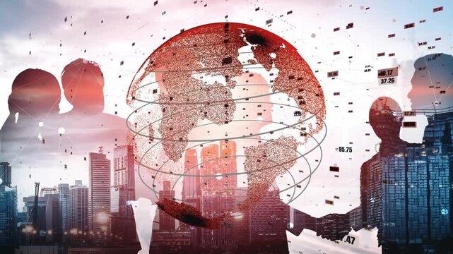 This image illustrates the essence of business collaboration in a globalized economy, featuring silhouettes of professionals against a digital world map backdrop. Xenic