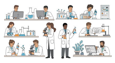 Fototapeta premium Group of diverse scientists and researchers conduct various experiments in a high-tech laboratory with specialized equipment.