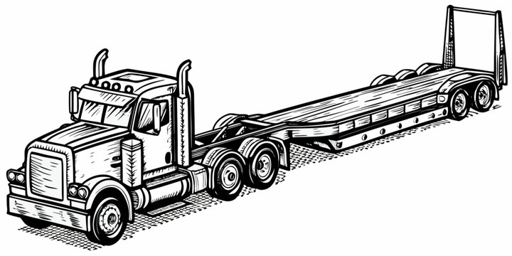 Heavy Duty Semi Truck with Lowboy Flatbed Trailer Vector Line Art Illustration