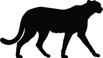 Silhouette vector of cheetah walking right, elongated body with long legs and tail, minimalist design symbolizing speed, wildlife, predator, and nature. © Foridul