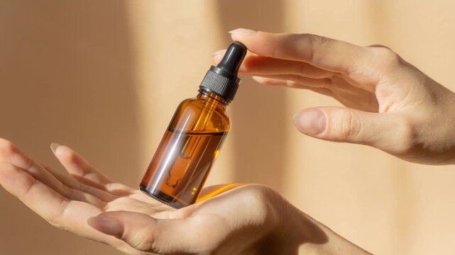 Close-up of hands holding IV bottles with collagen serum for anti-aging skin care.