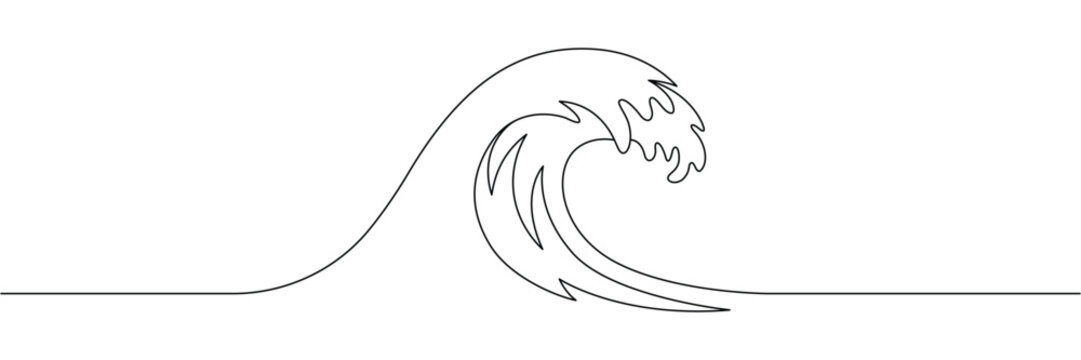 Continuous one line drawing of a large ocean wave crashing in a minimalist artistic style. Editable stroke outline. Draw thin linear width. Single contour art. Doodle hand drawn vector illustration
