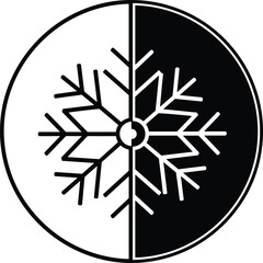Fototapeta premium Black and white snowflake circle emblem, split halves contrast, winter cold season icon, geometric symmetry vector, decorative abstract design balance concept