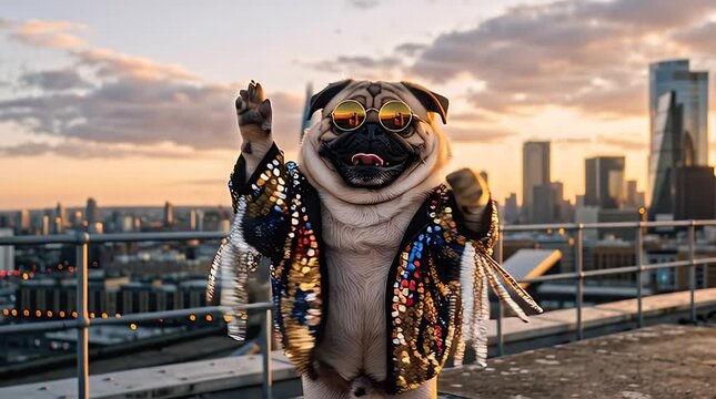 Pug in sequin jacket poses on rooftop with city skyline at sunset