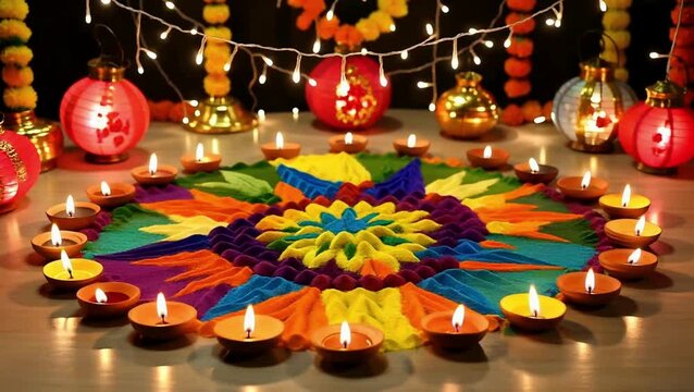 Colorful rangoli with lit diya lamps and hanging lanterns, Diwali festival decoration background