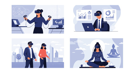 Fototapeta premium Diverse people experiencing virtual reality for business analysis, city exploration, meditation, and interactive gaming.