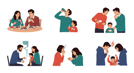 Fototapeta premium Set of illustrations showing different human behaviors and social interactions like eating, drinking, arguing, and sharing.