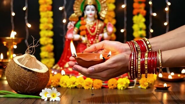 Woman holding lit diya during Hindu puja with goddess idol in background, spiritual worship and festival ritual