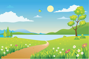 Naklejka premium Cartoon Landscape Path to Lake with Butterfly and Tree Sunny Day