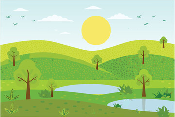 Obraz premium Cartoon Landscape With Rolling Hills Ponds Trees and SunStock Illustration