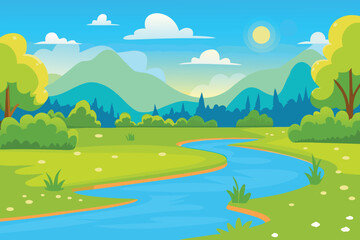 Fototapeta premium Cartoon Landscape with Winding River Green Hills and Sunny SkyStock Illustration