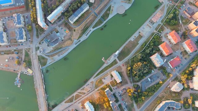 Russia, Votkinsk . City embankment. Votkinsk is a city in the Udmurt Republic. Sunset time. Drone footage, HEAD OVER SHOT