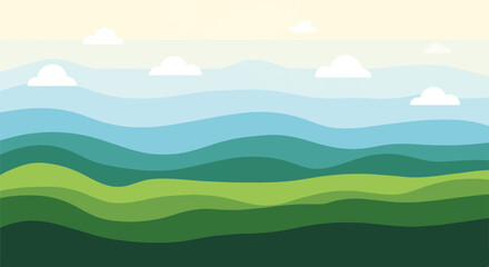 Fototapeta premium A layered landscape, with wavy forms and stylized white clouds in the sky