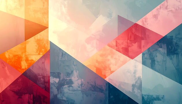 Geometric abstraction featuring overlapping triangles and rectangles in a vibrant palette of warm orange, red, and cool blues