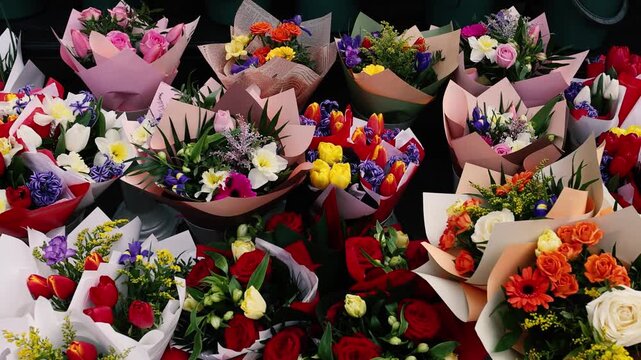 Multiple clips with flowers for sale in a street shop in Bucharest, Romania.
