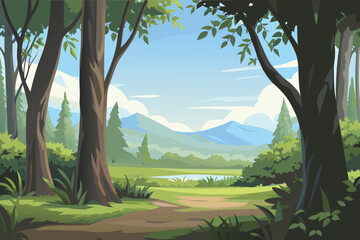 Fototapeta premium Forest Path with Lake and Mountains in Distance Sunny Day Stock Illustration